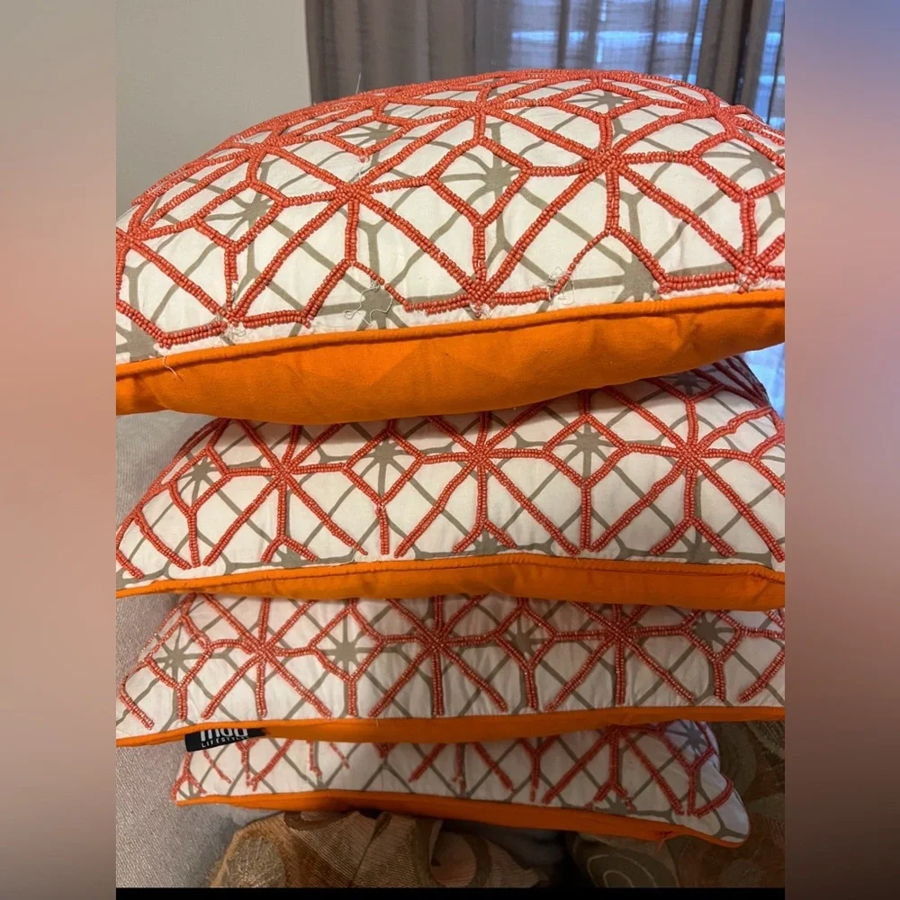 Tangerine Geometric Design and Glass Bead Accent Pillows 10.00 Each or Bundle!!